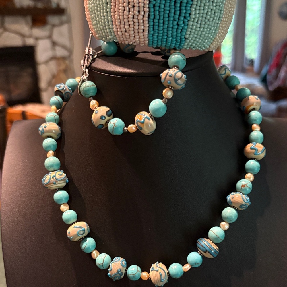 Donna Dressler turquoise 925 silver, art glass & pearl set